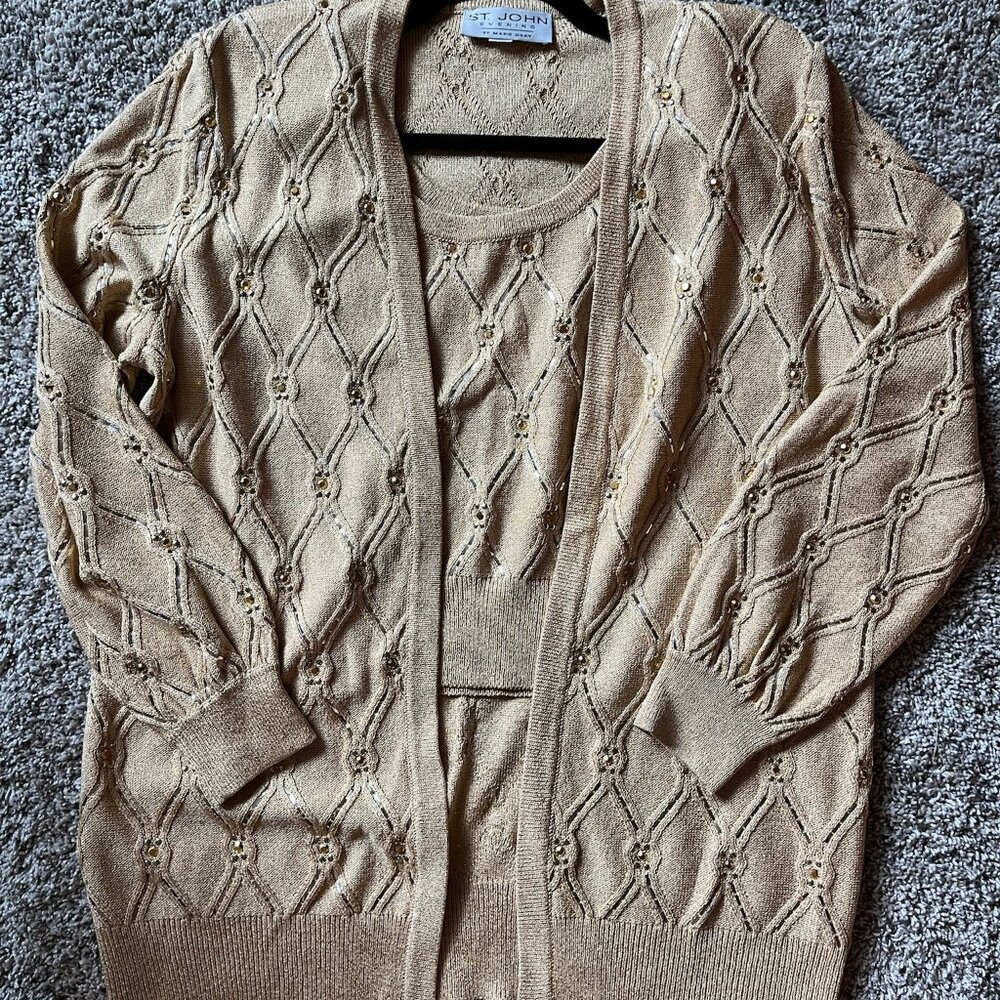 Size 8 St. John Evening Knit Gold Tank Top and Cardigan